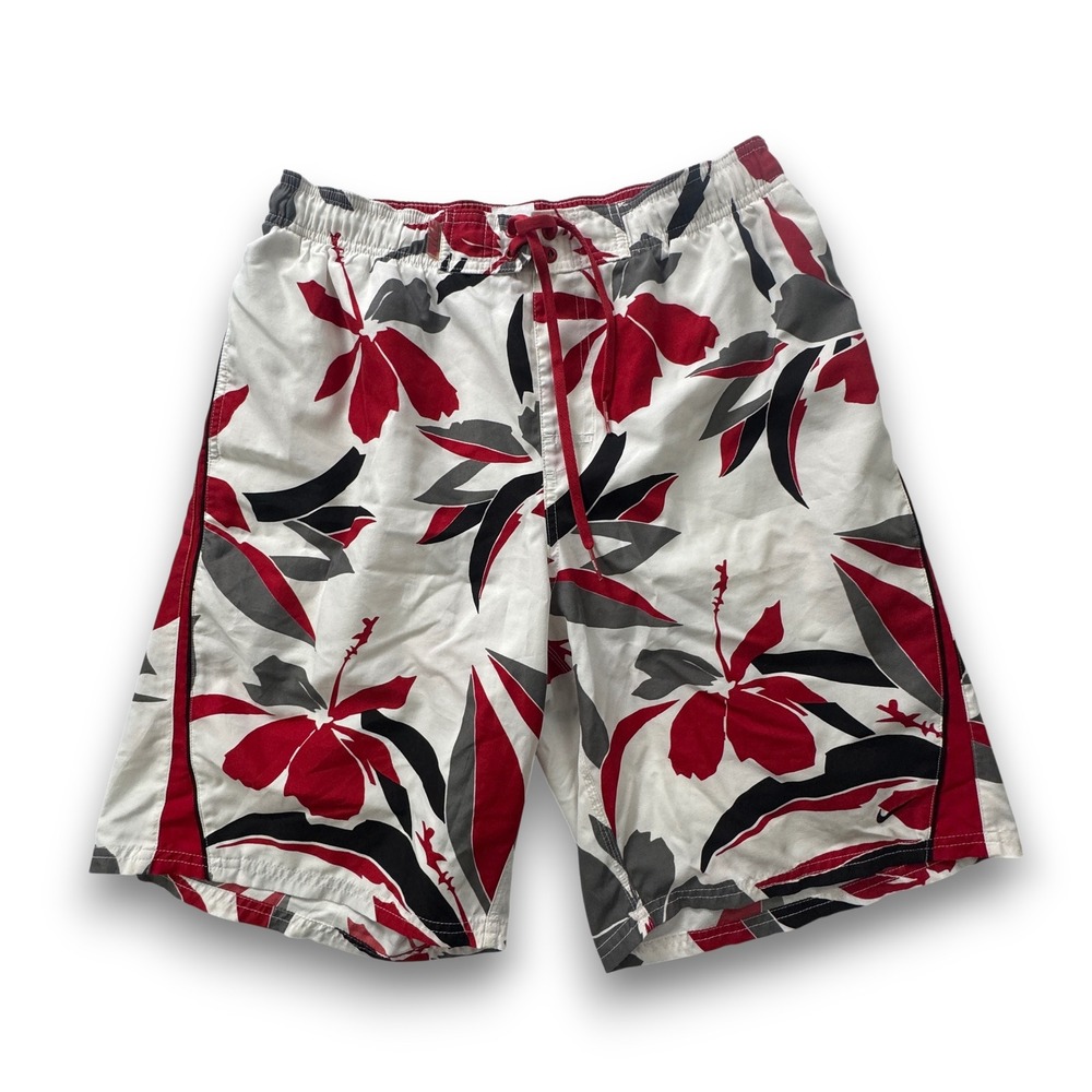 Nike Swim Mens Large Hibiscus Floral Board Shorts Red White Black T9SS0212